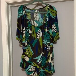 Tropical Leaf Print Women's Blouse - Green and Blue